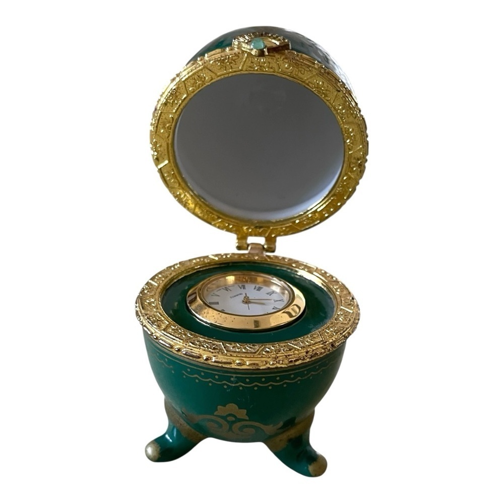 Vintage Avon Gift Collection Faberge Style Emerald Egg with Clock, 2000.